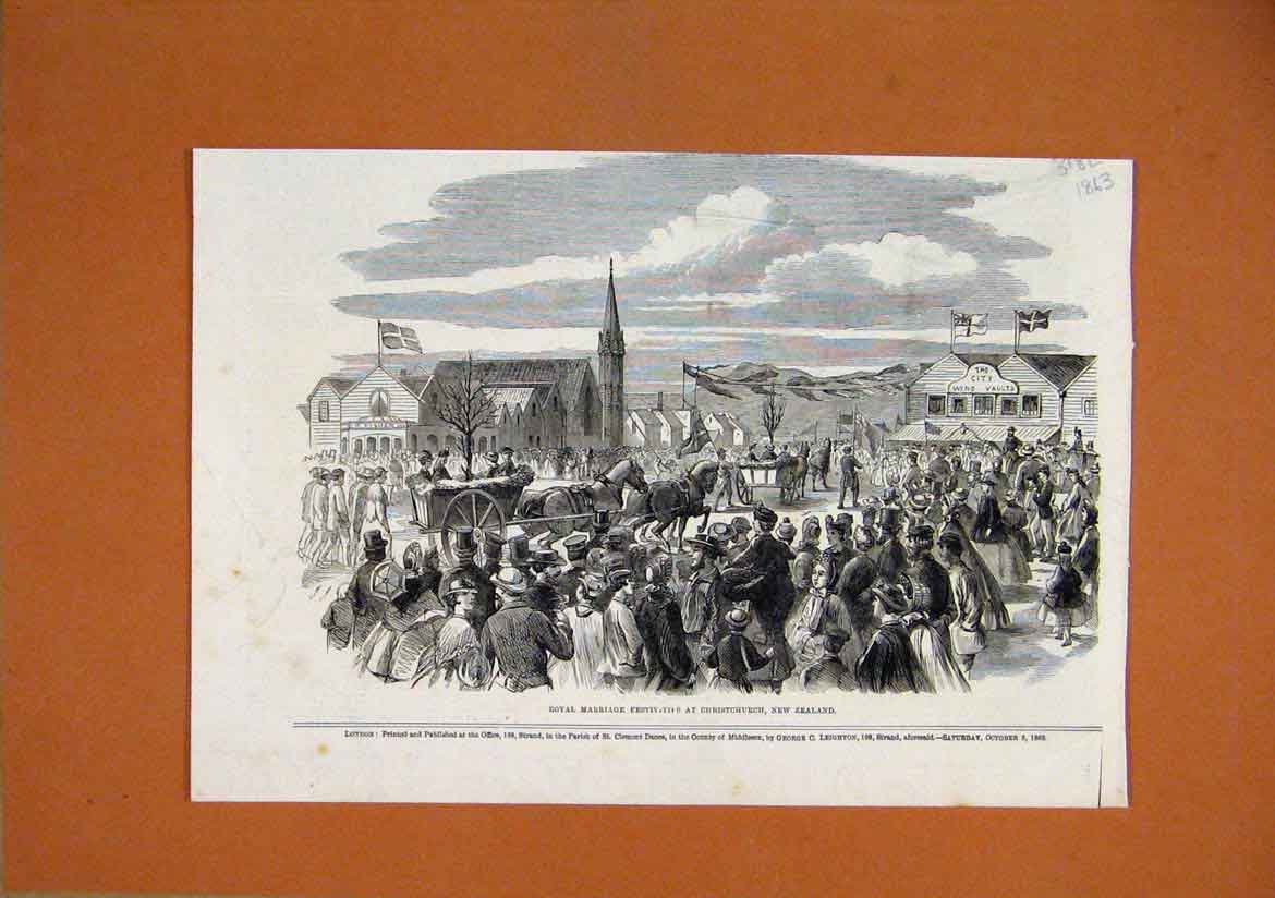 Original Old Antique Print 1863 Royal Marriage Festivities Christchurch Zealand