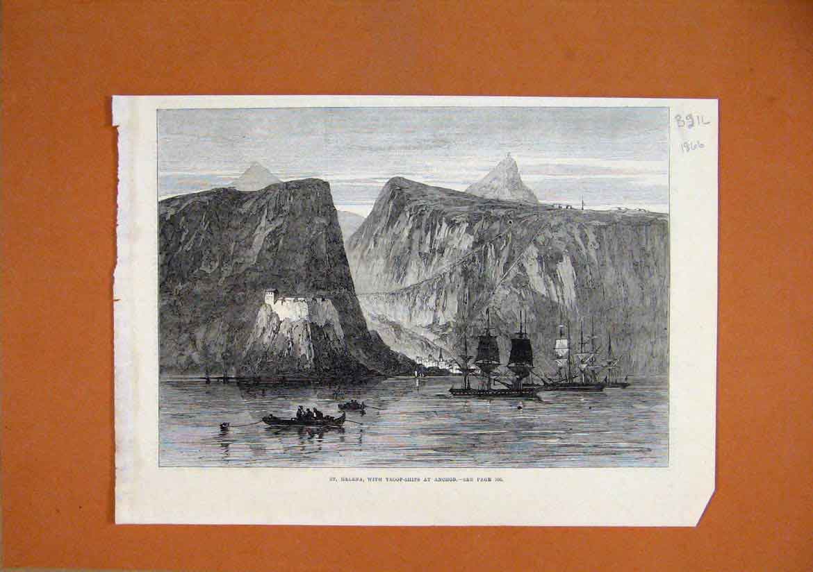 Original Old Antique Print 1866 Helena Troop-Ships Anchor Sea Mountain Scene