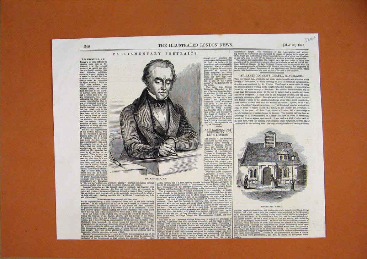 Original Old Antique Print 1846 Parliament Portrait Macaulay Kingsland Chapel
