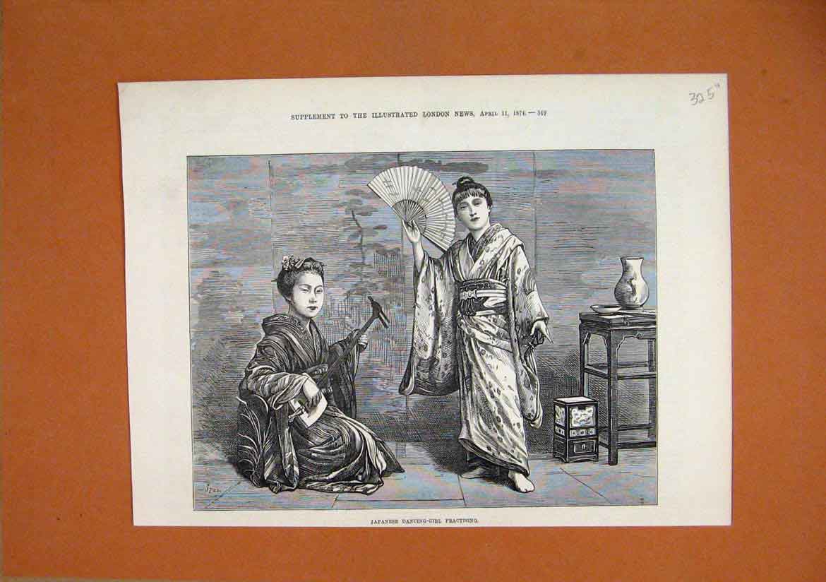 Original Old Antique Print 1874 Japanese Dancing-Girl Practising Music 19th
