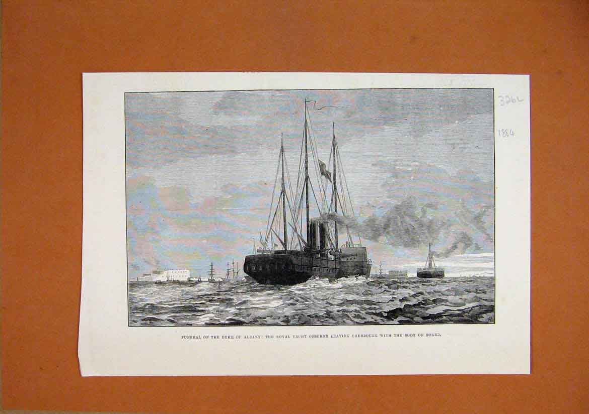 Old Antique Print 1884 Funeral Duke Albany Royal Yacht Osbourne Cherbourg 19th