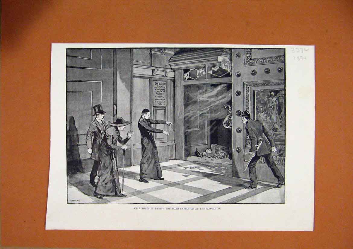 Original Old Antique Print 1894 Anarchists Paris Bomb Explosion Madeleine 19th