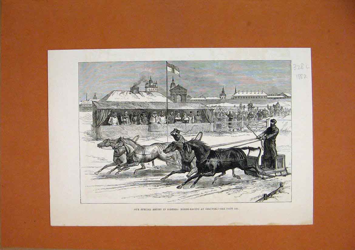 Old Antique Print 1882 Horse Racing Irkutsk Siberia Sledging Snow Sketch 19th