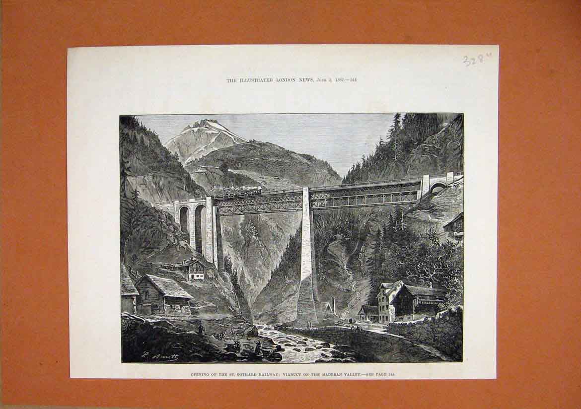 Old Antique Print 1882 Gothard Railway Viaduct Maderan Valley Mountains 19th
