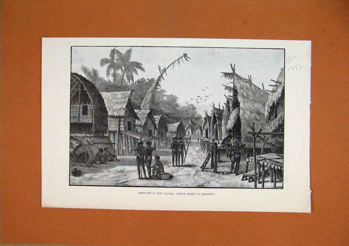 Original Old Antique Print 1887 Sketches New Guinea Native Street Kerepunu 19th