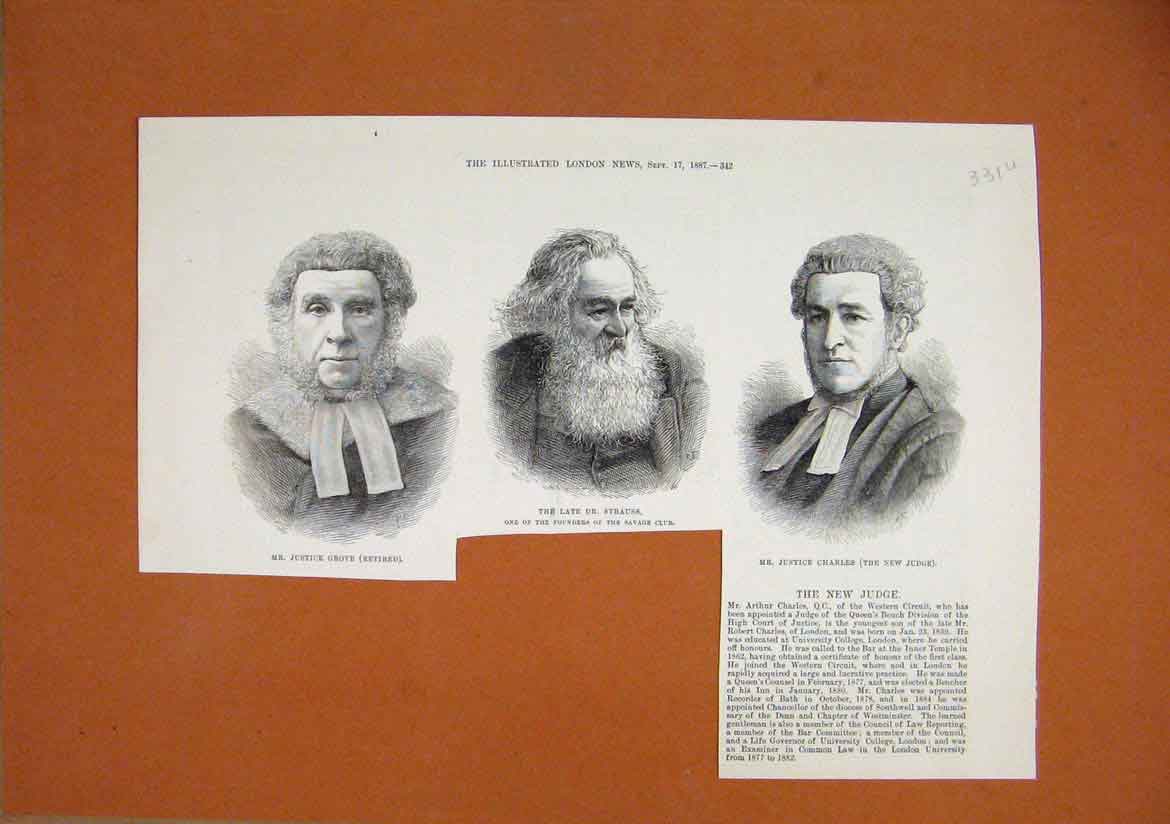 Old Antique Print Portrait Justice Grove Strauss Charles 1887 Savage Club 19th