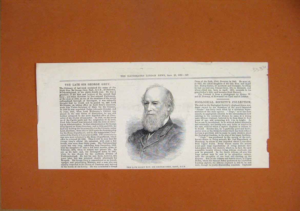 Original Old Antique Print 1882 Portrait Right Hon. Sir George Grey Bart 19th