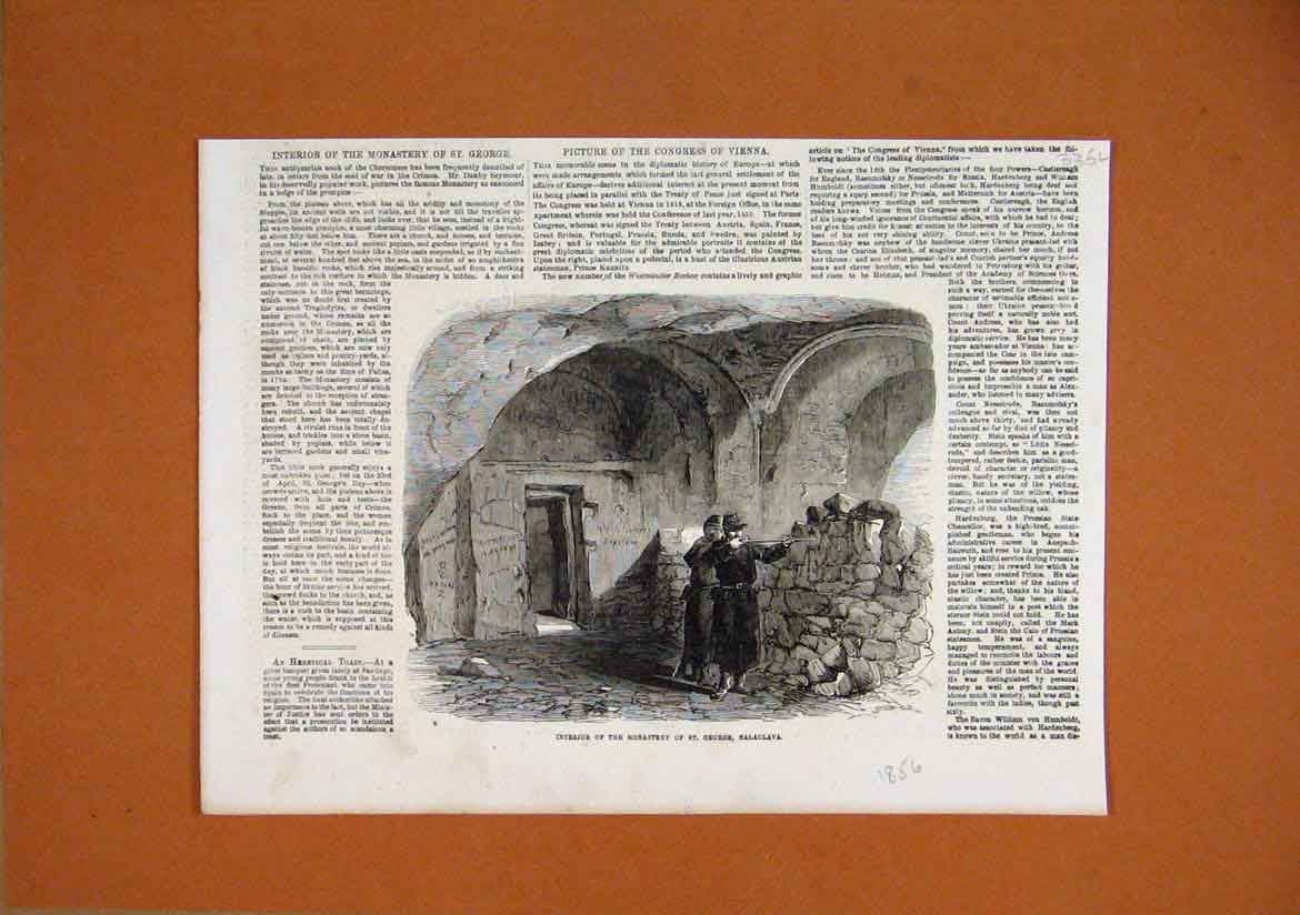 Original Old Antique Print 1856 Interior Monastery George Balaclava Rifle 19th