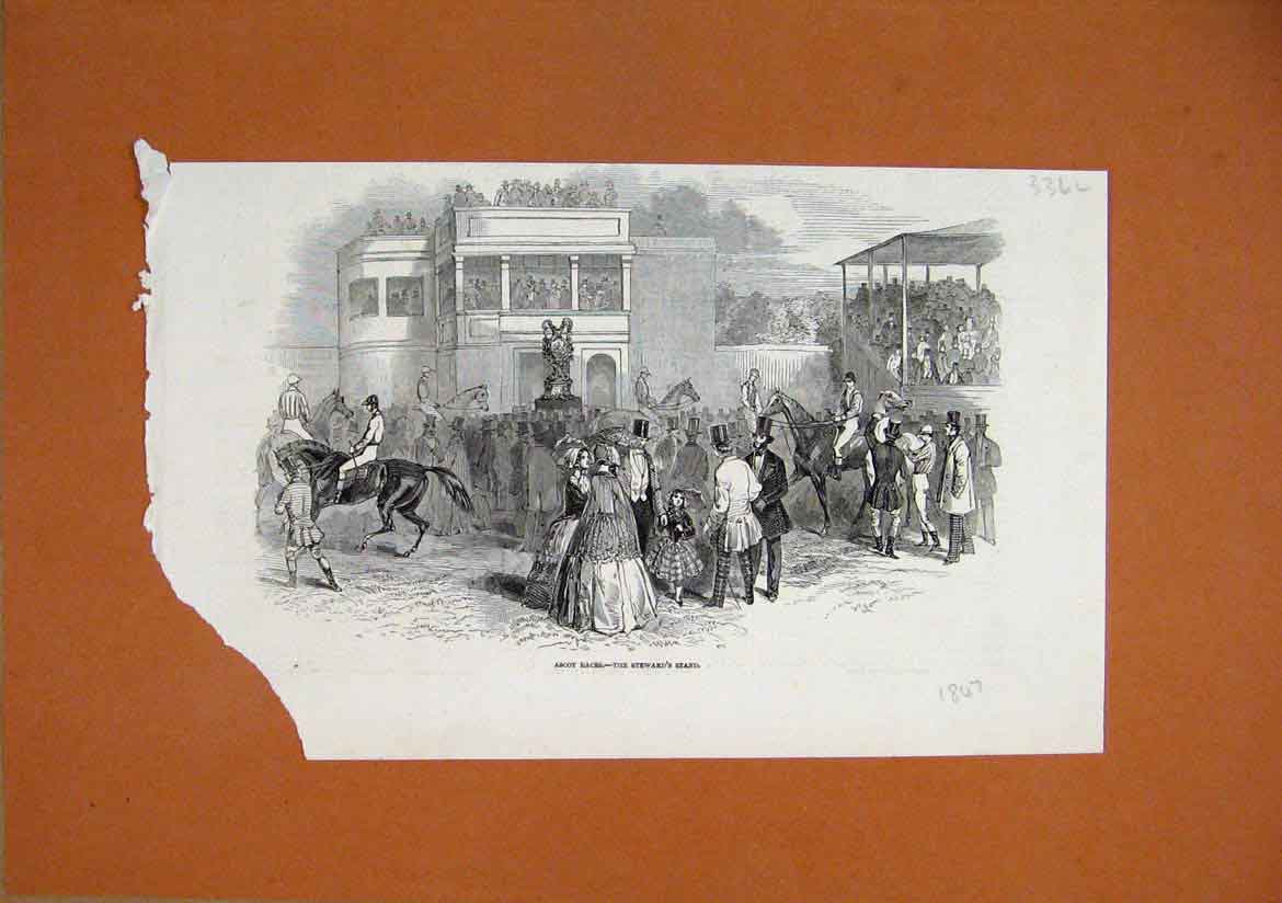 Original Old Antique Print 1847 Ascot Horse Races View Stewards Stand Horses