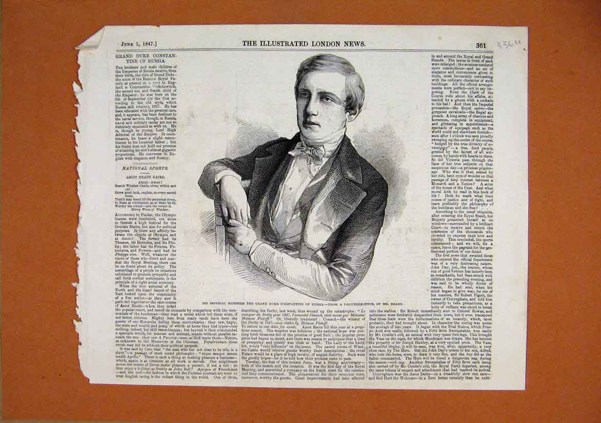 Old Antique Print 1847 Portrait Imperial Highness Duke Constantine Russia 19th