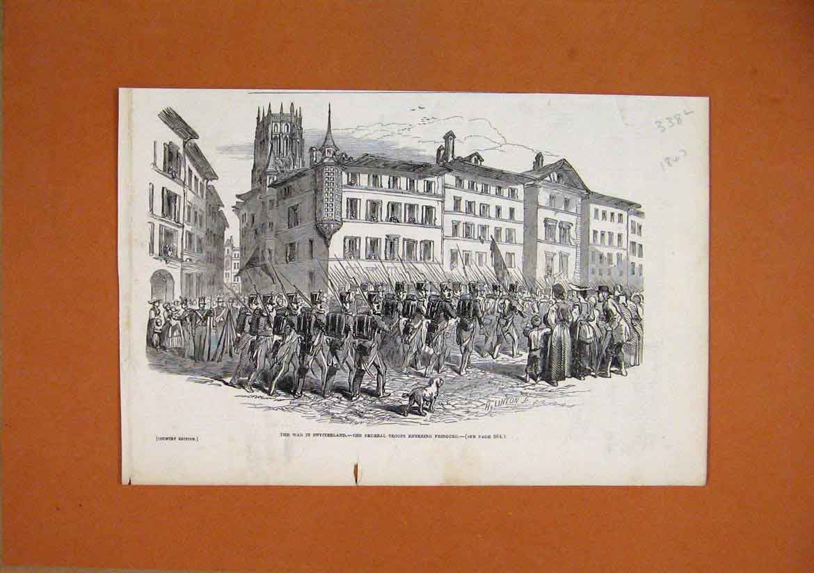 Original Old Antique Print 1847 War Switzerland Federal Troops Fribourg Siers