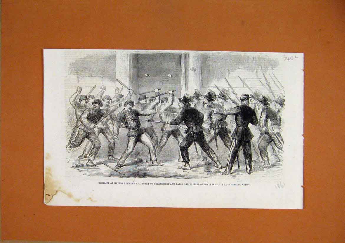 Old Antique Print Conflict Naples Bersaglieri Garibaldini 1861 War Sketch 19th