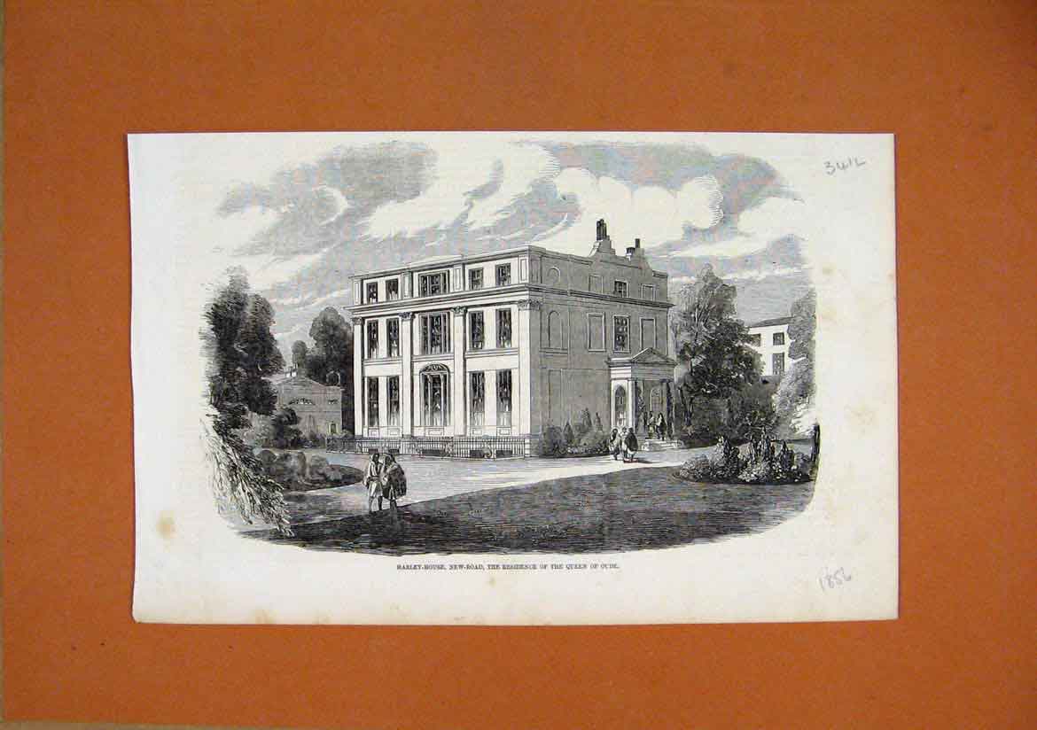 Original Old Antique Print Harley House New Road Residence Queen Oude 1856 19th