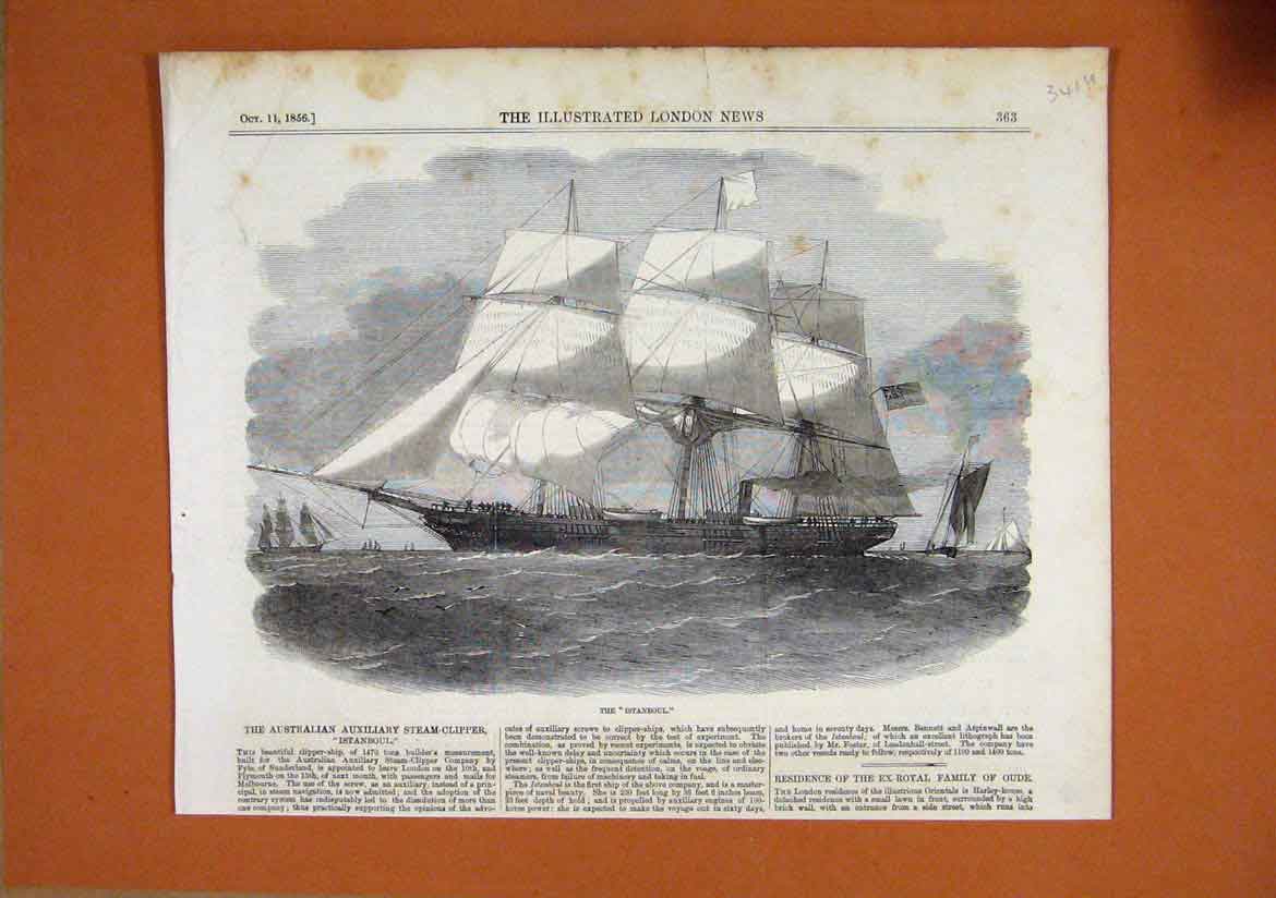 Old Antique Print 1856 Australian Auxiliary Steam-Clipper Ship Istanboul 19th