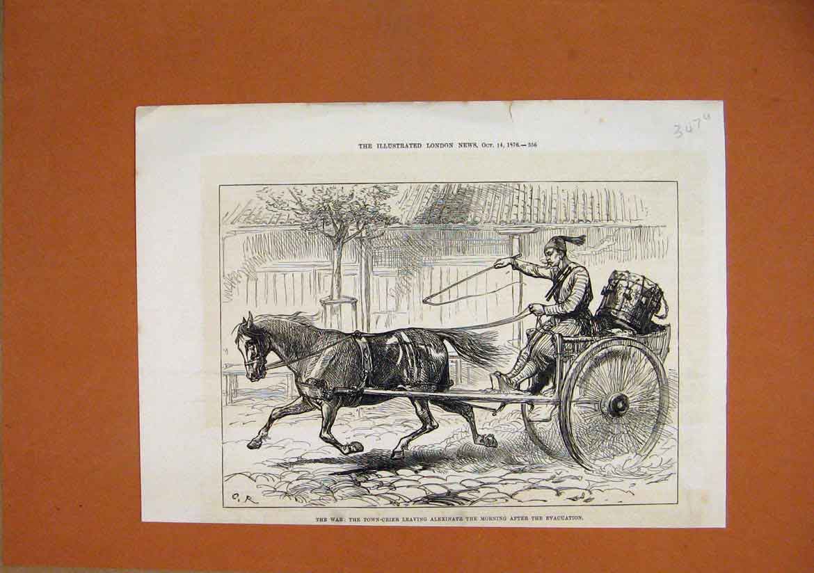 Original Old Antique Print 1876 War Town-Crier Alexinatz Evacuation Horse Cart