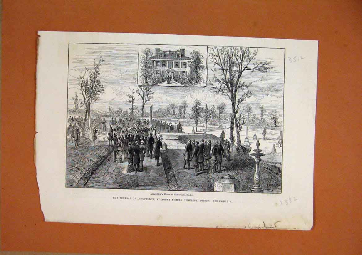 Original Old Antique Print 1882 Funeral Longfellow Mount Auburn Cemetry Boston
