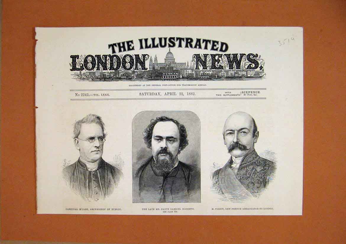 Original Old Antique Print 1882 Portrait Dante Gabriel Rossetti Tissot Cardinal