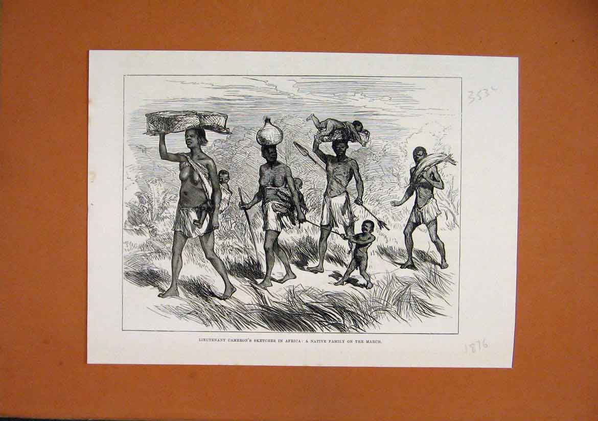 Original Old Antique Print 1876 Lieutenant Cameron Sketch Africa Native Family