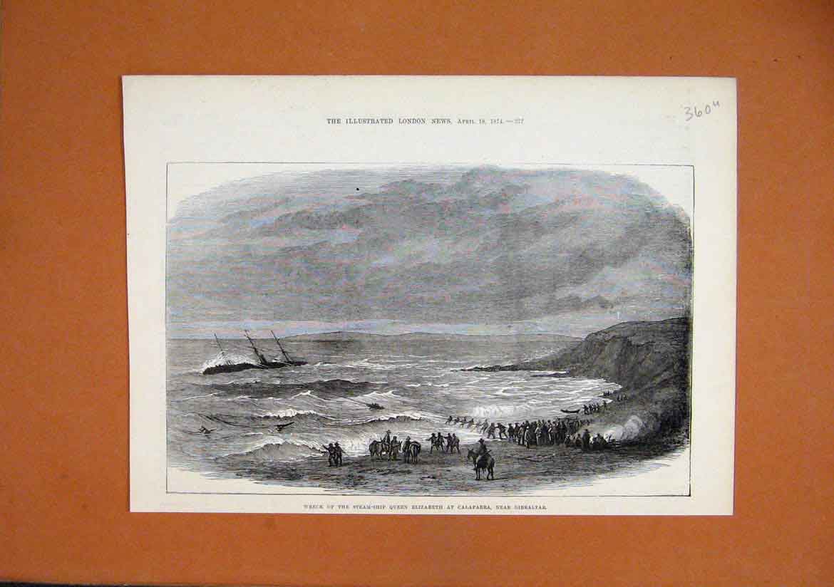 Original Old Antique Print 1874 Wreck Steam-Ship Queen Elizabeth Calaparra Sea