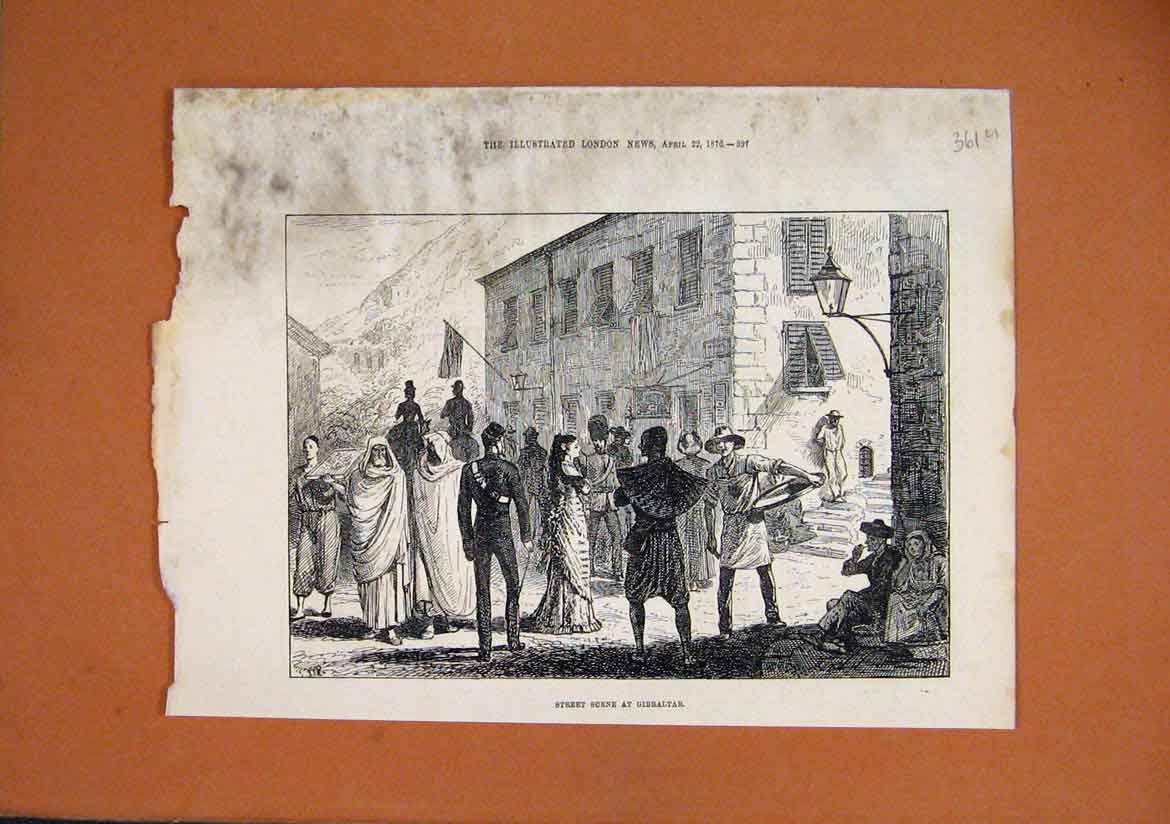 Original Old Antique Print 1876 Street Scene Gibraltar Building People 19th
