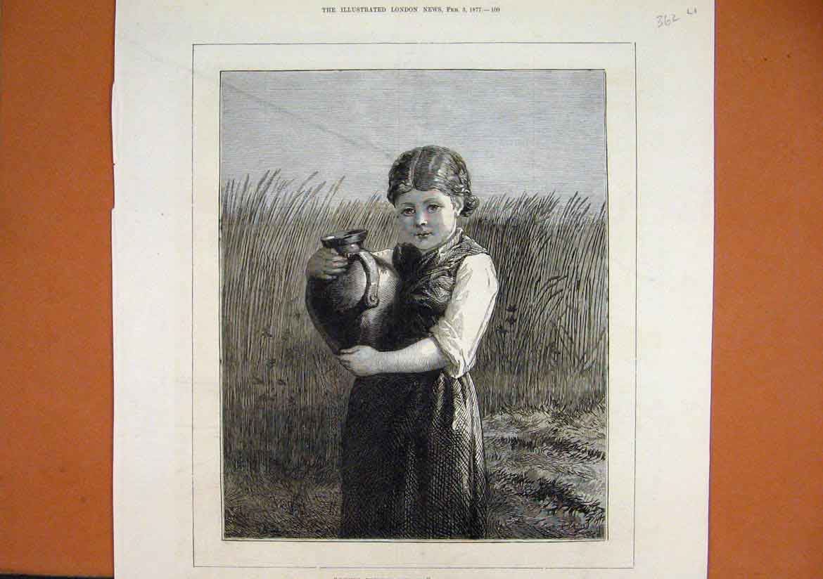 Original Old Antique Print 1877 Young Girl Coming Through Rye Water Jug Field