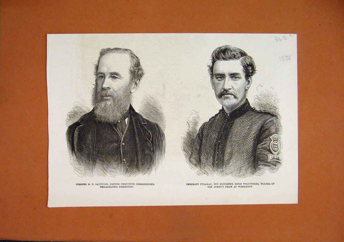 Old Antique Print 1876 Portrait Colonel Sandford Sergeant Pullman Rifle 19th