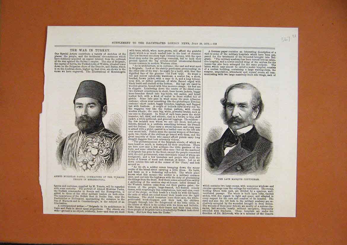 Original Old Antique Print Portrait Ahmed Mukhtar Pasha 1876 Marquis Conygham