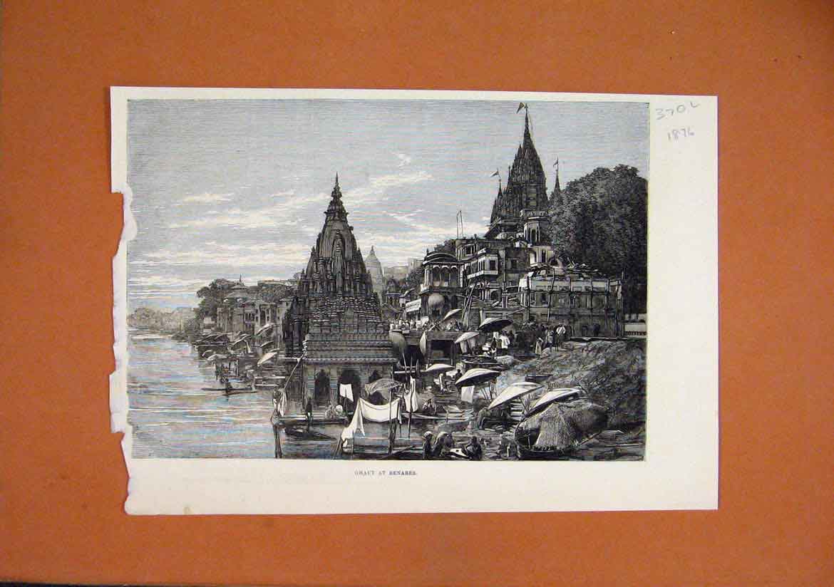 Old Antique Print 1876 Scene Ghaut Benares River Building Boats Parasol 19th