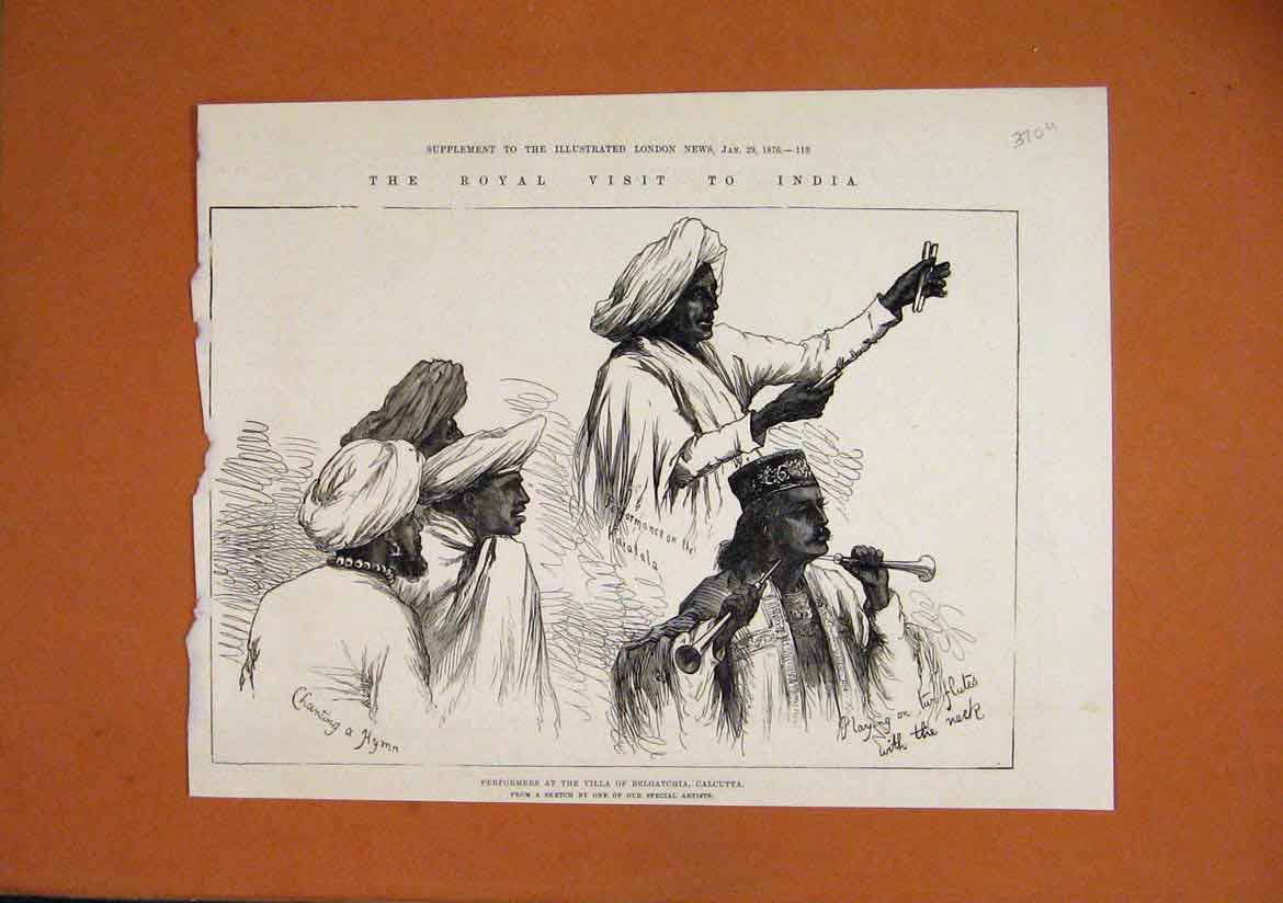 Old Antique Print 1876 Performers Villa Belgatchia Calcutta India Sketch 19th