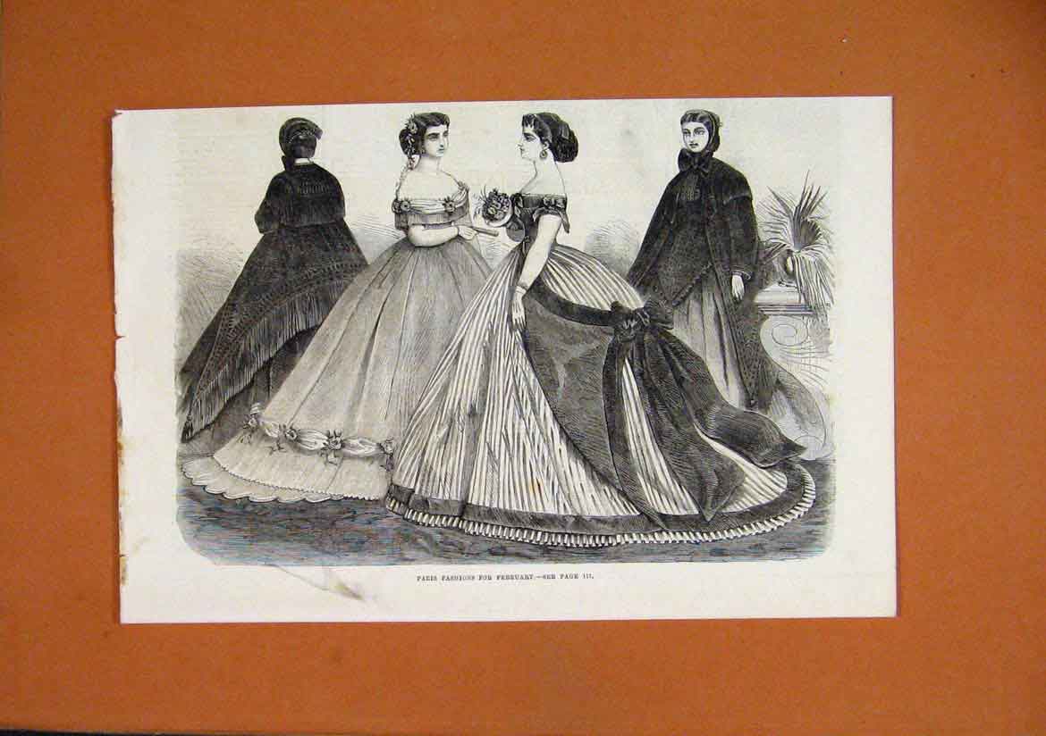 Original Old Antique Print 1864 Paris Fashions February Women Beautiful Dresses