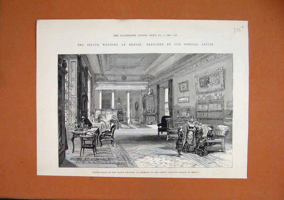 Old Antique Print 1883 Sitting Room Crown Princess Germany Palace Berlin 19th