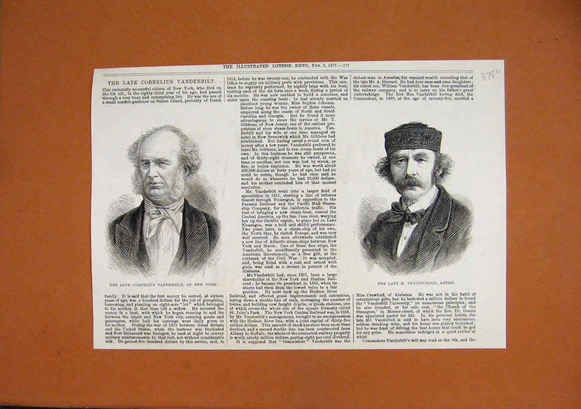 Original Old Antique Print Portrait Cornelius Vanderbilt 1877 TrautschArtist