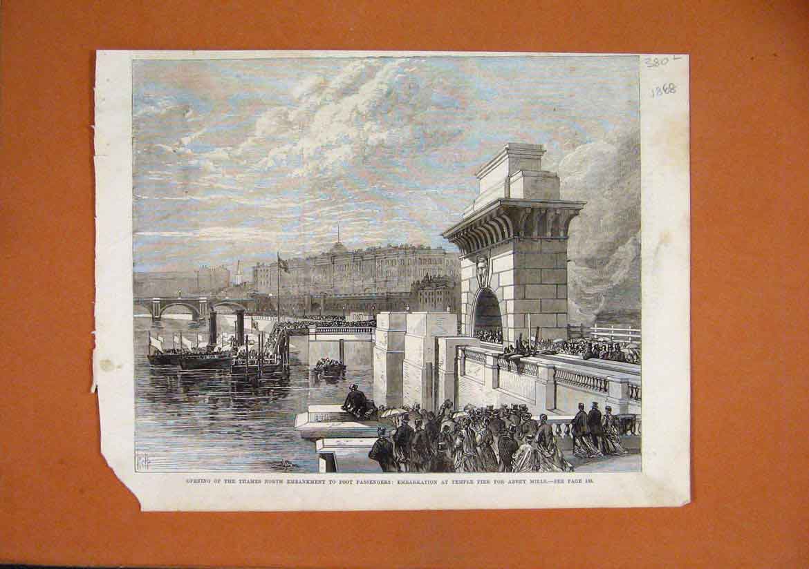 Original Old Antique Print Thames North Embankment 1868 Temple Pier Abbey Mills
