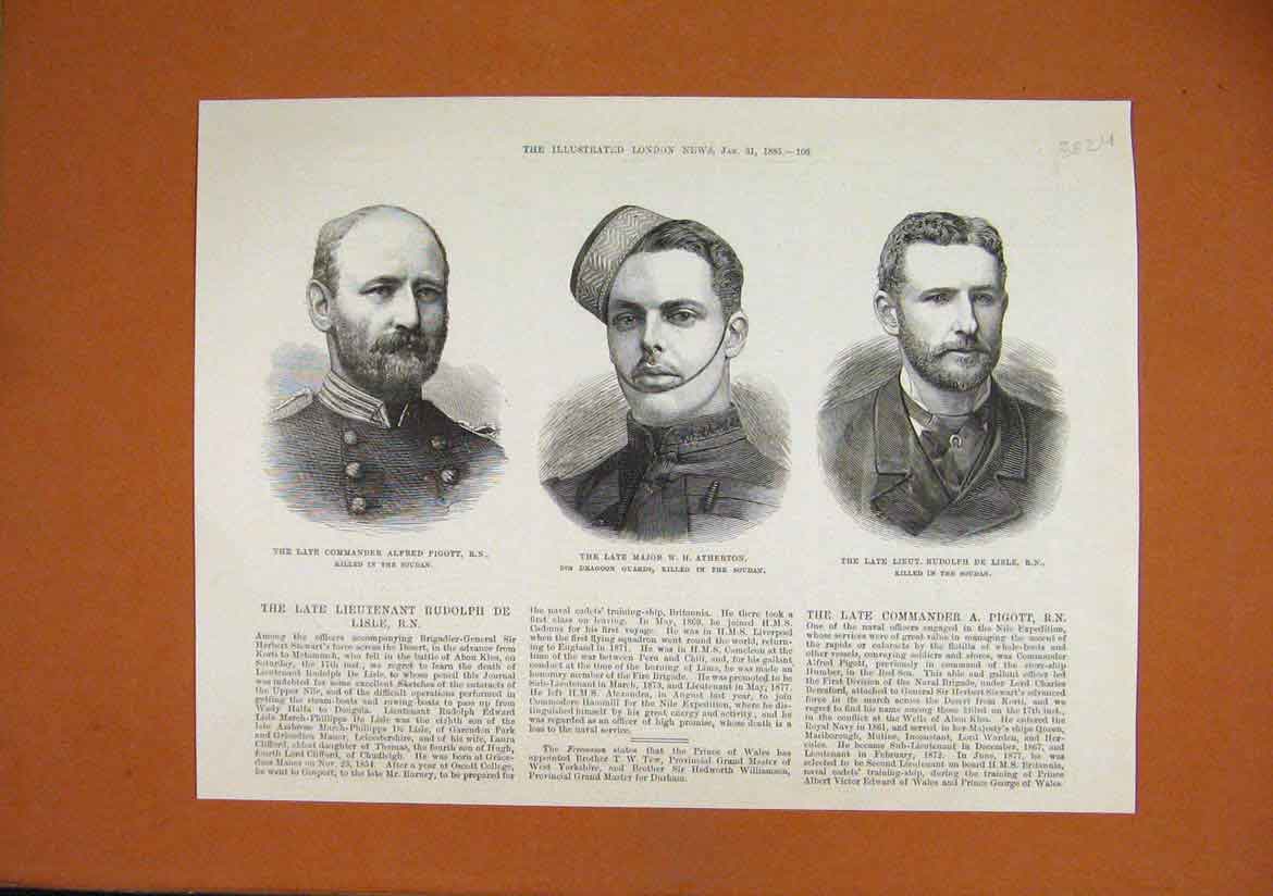 Original Old Antique Print 1885 Portrait Alfred Pigott Major Atherton Rudolph
