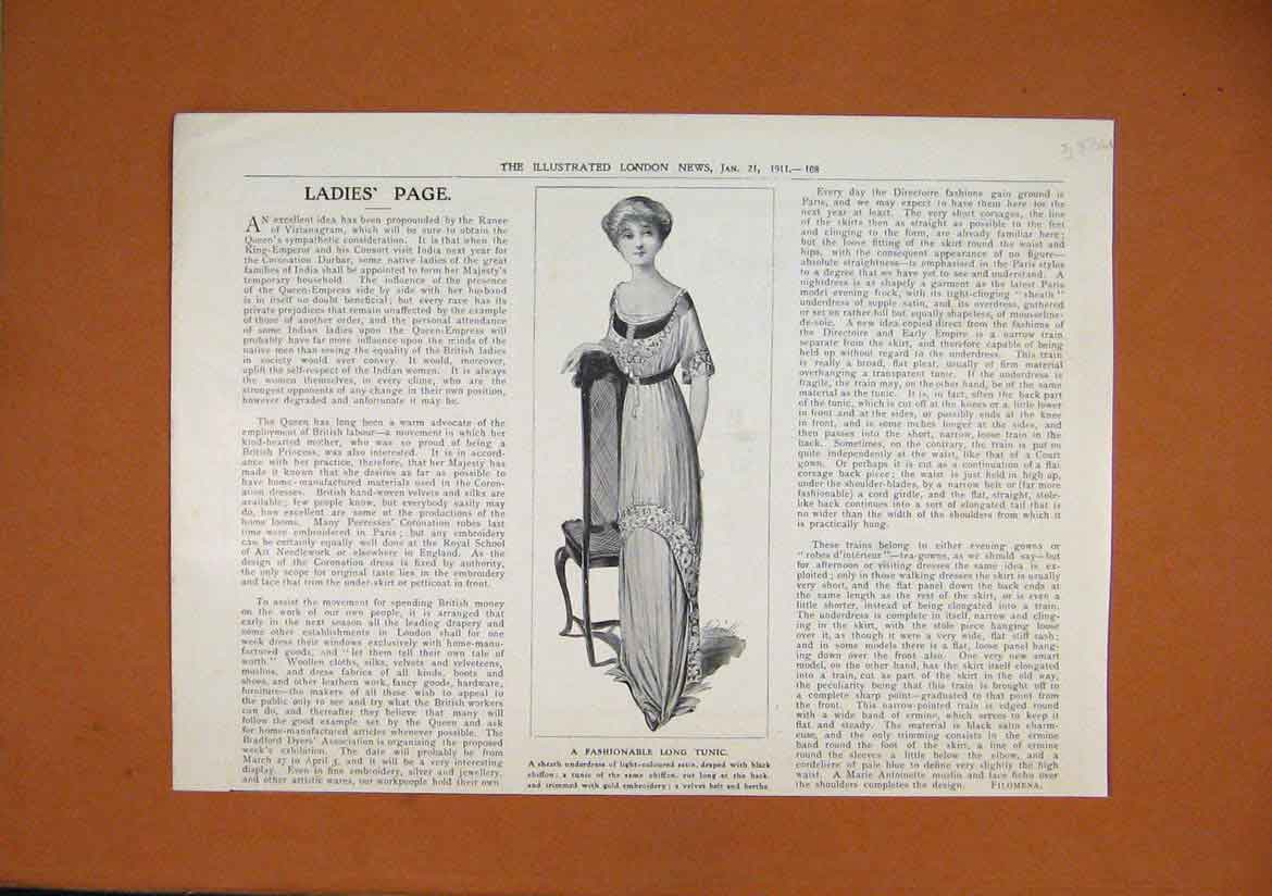 Original Old Antique Print Woman Fashionable Long Tunic 1911 Satin Dress 20th