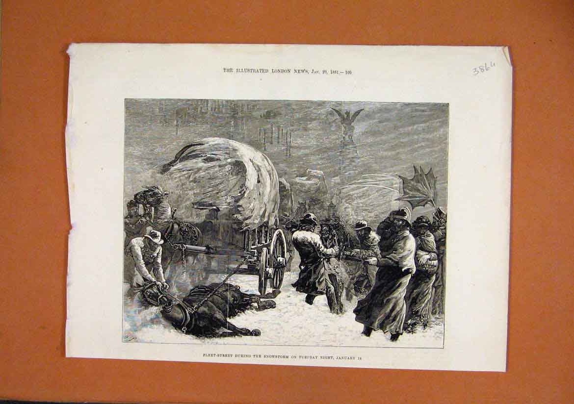 Original Old Antique Print Fleet-Street Snowstorm 1881 Horse Carriage Men Wind