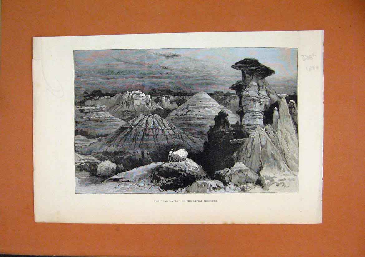 Old Antique Print 1884 Bad Lands Little Missouri Mountain Scene Country 19th
