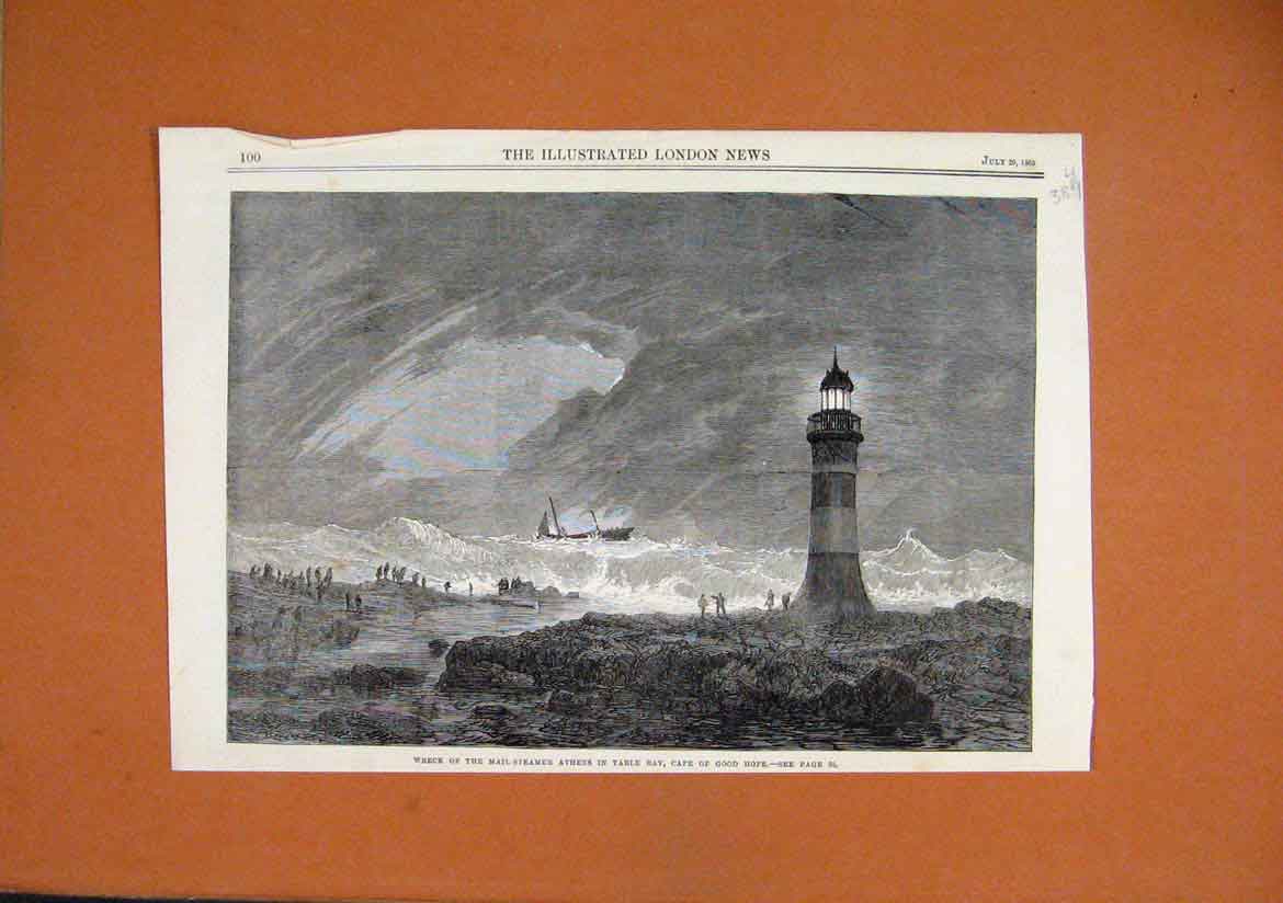 Old Antique Print 1865 Wreck Mail-Steamer Athens Table Bay Cape Good Hope 19th