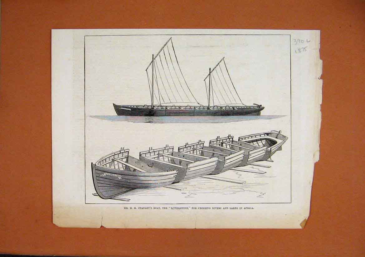 Original Old Antique Print 1875 Stanley Boat Livingstone Rivers Lakes Africa