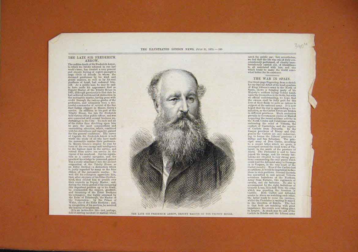 Original Old Antique Print 1875 Portrait Frederick Arrow Master Trinity House