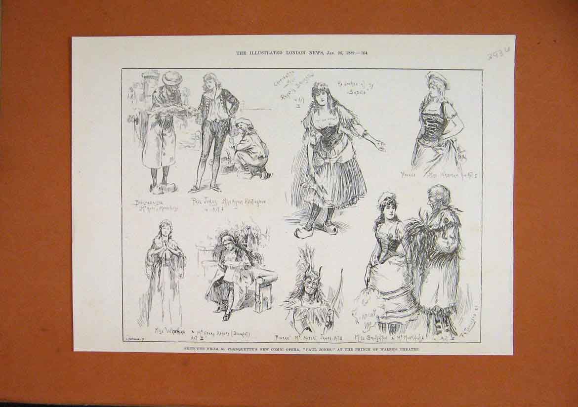 Old Antique Print 1889 Sketches Planquette Comic Opera Paul Jones Theatre 19th