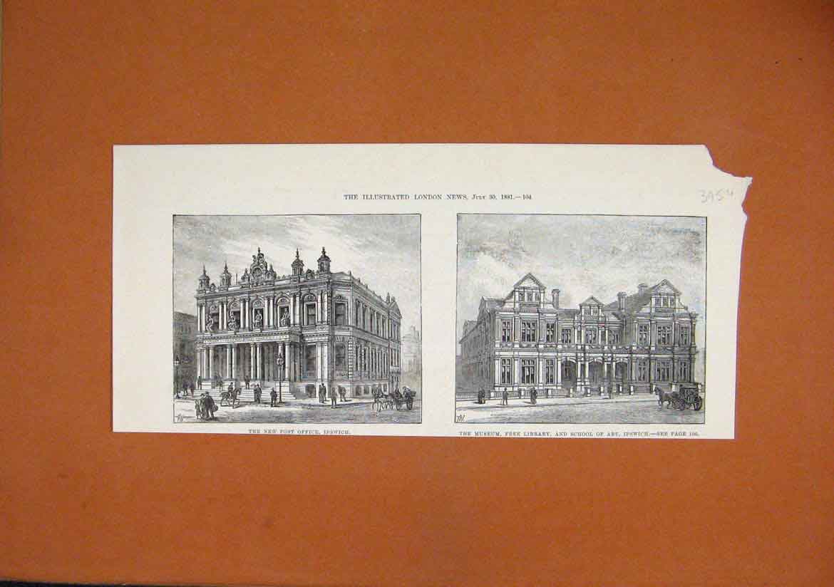 Original Old Antique Print New Post Office Ipswich 1881 Museum Library School
