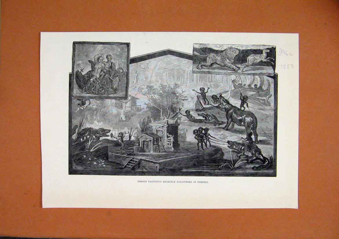 Original Old Antique Print 1883 Fresco Paintings Discovered Pompeii Animals Art