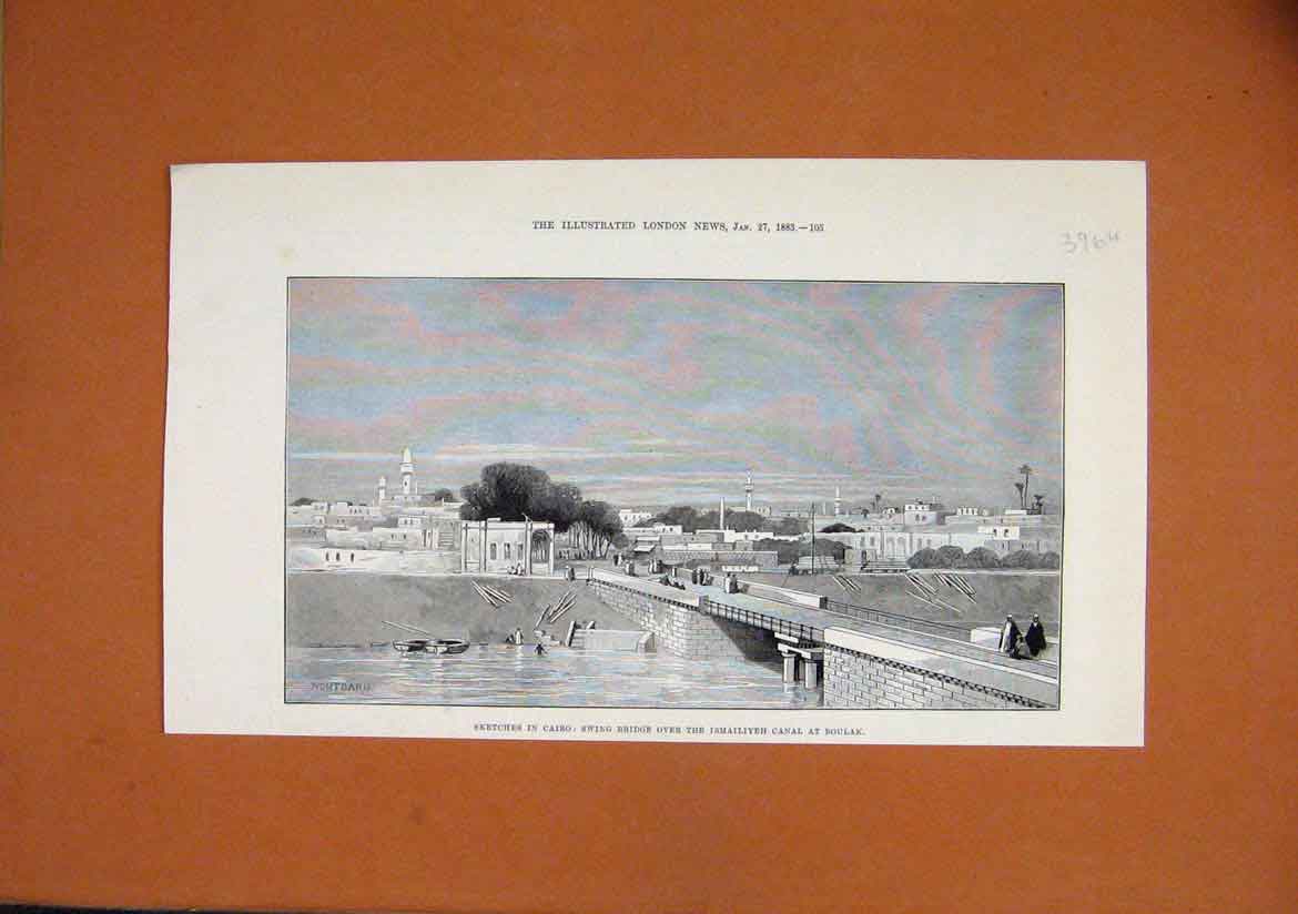Old Antique Print 1883 Sketch Cairo Swing Bridge Ismailiyeh Canal Boulak 19th