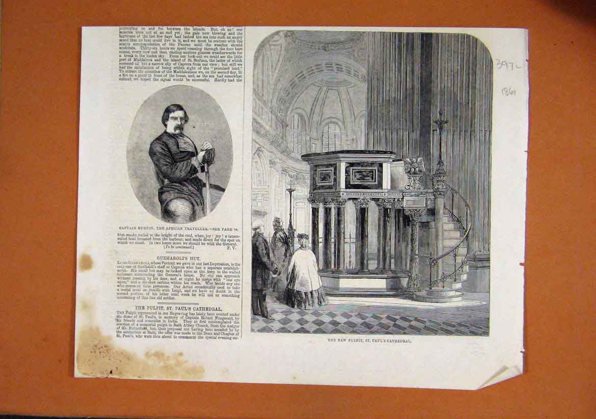 Original Old Antique Print 1861 Pulpit Pauls Cathedral Captain Burton African