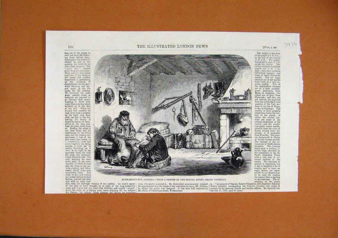 Original Old Antique Print 1861 Guzmaroli Hut Caprera Men Dinner Firfle Cooking