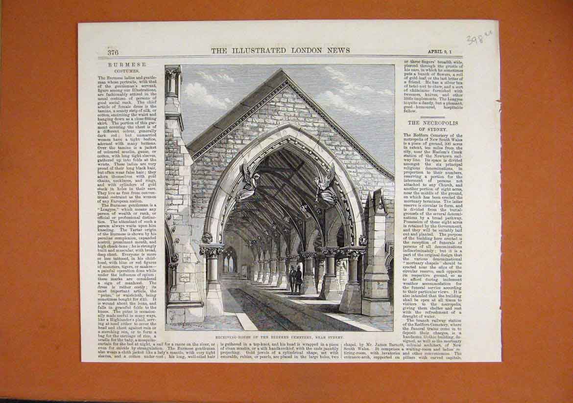 Old Antique Print 1870 Receiving House Redfern Cemetry Sydney Australia 19th