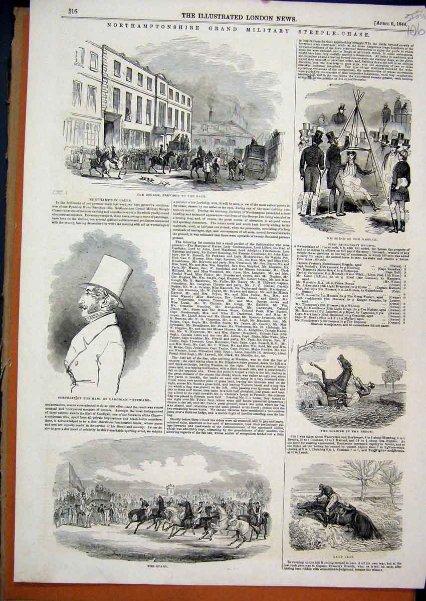 Original Old Antique Print 1844 Northampton Military Steeple-Chase George Earl