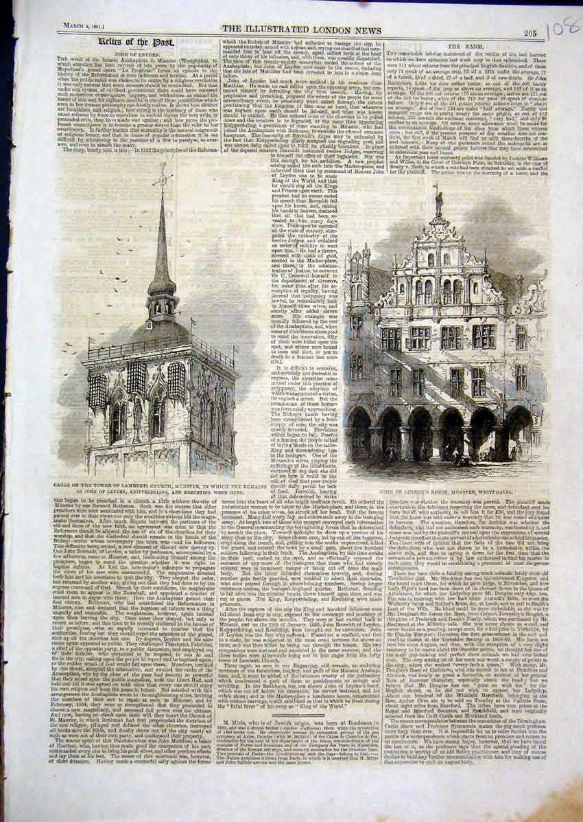 Original Old Antique Print 1861 Cages Tower Lamberti Church John Leyden Munster