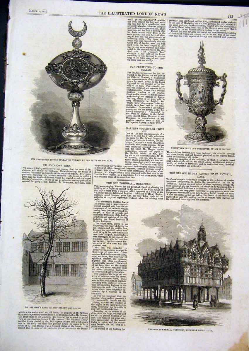 Original Old Antique Print 1861 Townhall Hereford Cup Sultan Turkey Johnson Tree